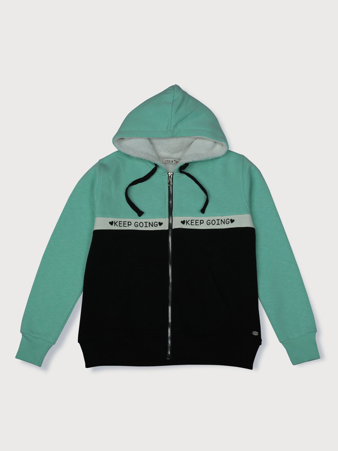 Palm Tree Girls Black Sea Green Typography Colourblocked Sporty Jacket