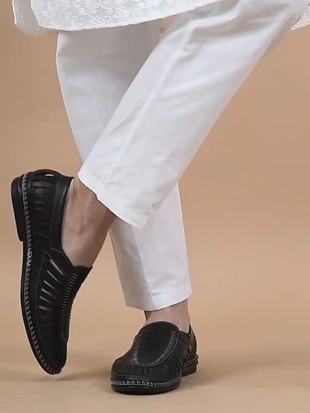 FAUSTO Men Black PU Slip-On Laser Cut Stitched Ethnic Sneakers