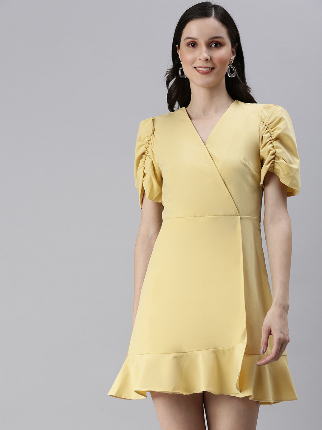 SHOWOFF Women Yellow Solid Wrap Dress