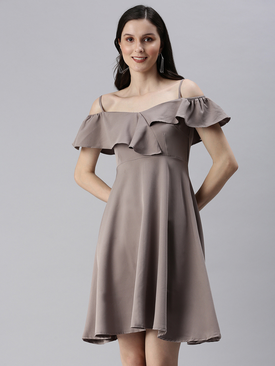SHOWOFF Women Taupe Ruffled Cold Shoulder Dress