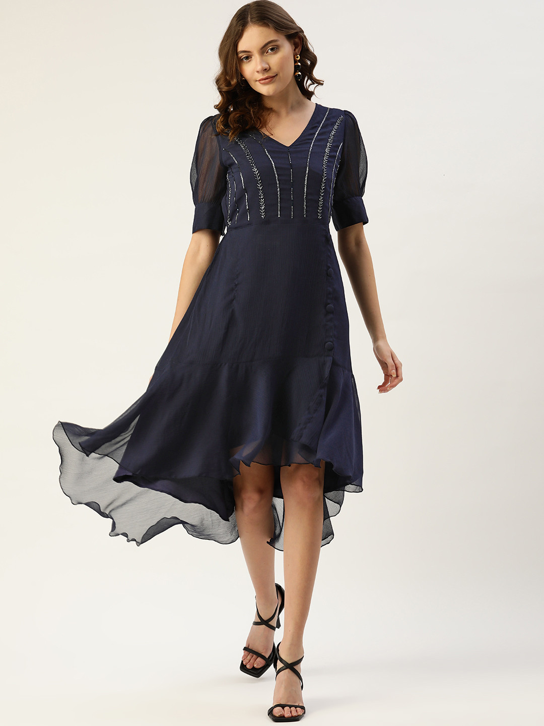 Antheaa Navy Blue Chiffon A-Line Midi Dress