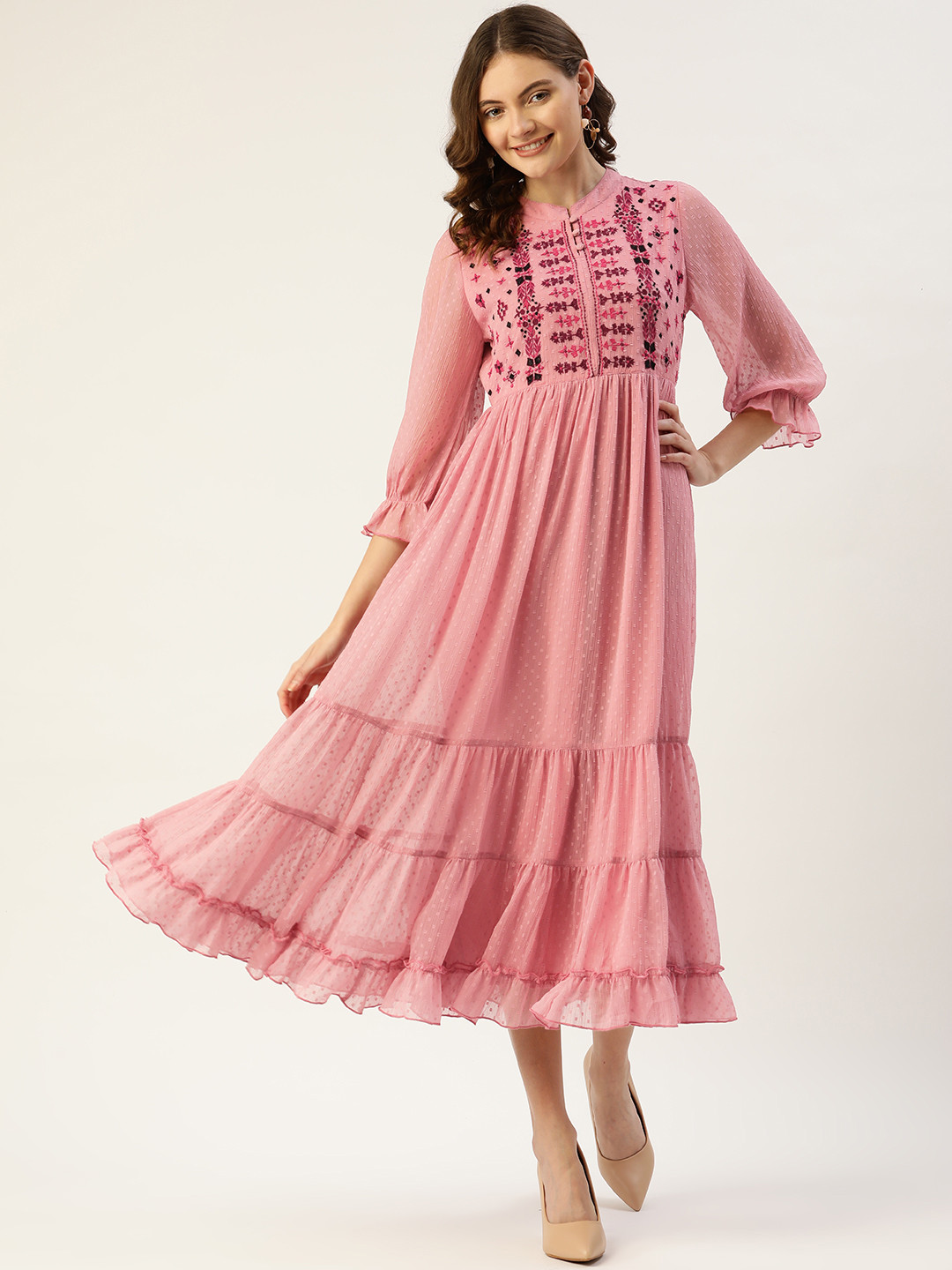 Antheaa Rose Dobby Woven Embellished Maxi Layered Dress
