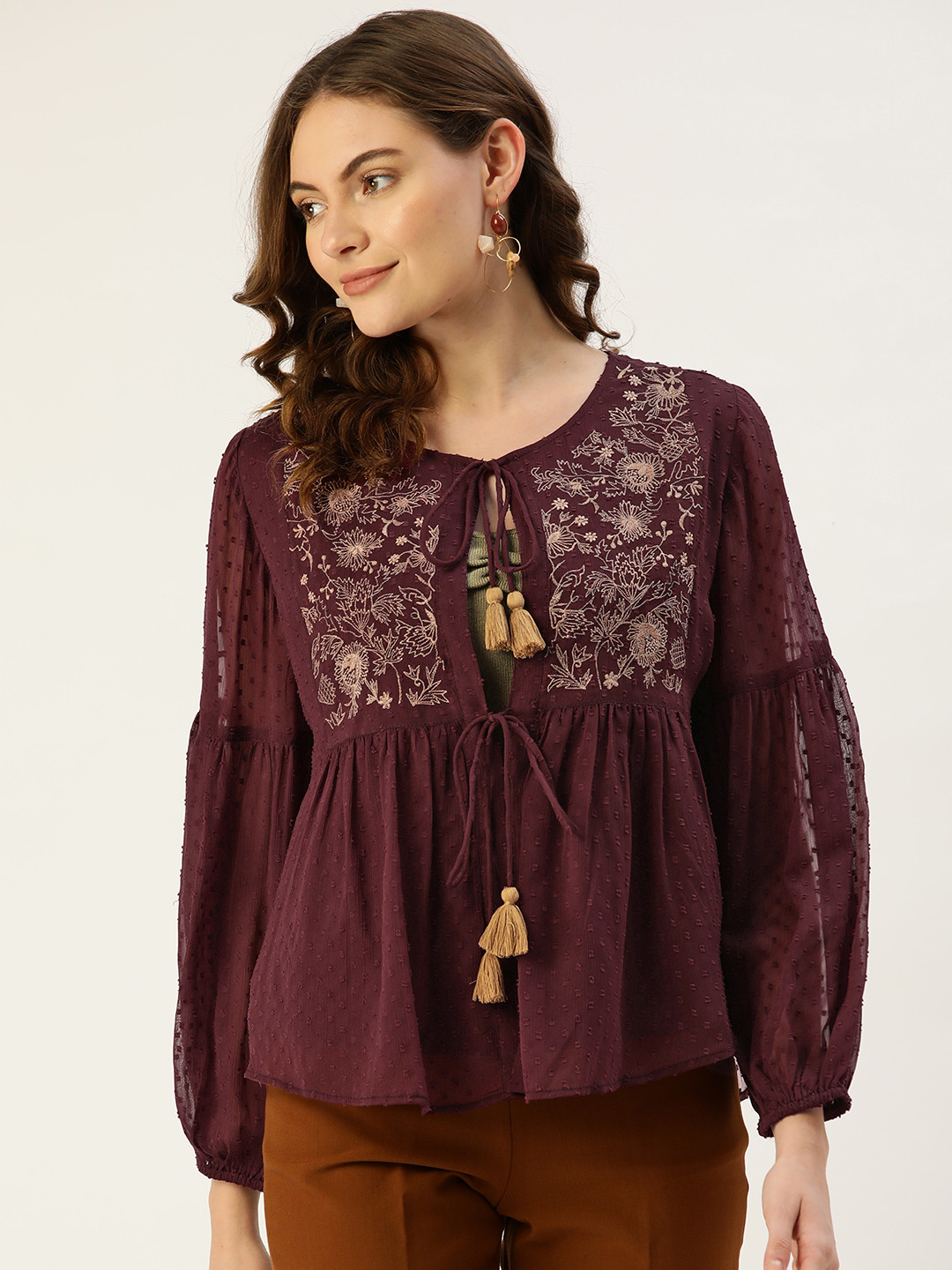 Antheaa Women Maroon & Off White Party Embroidered Tie-Up Shrug