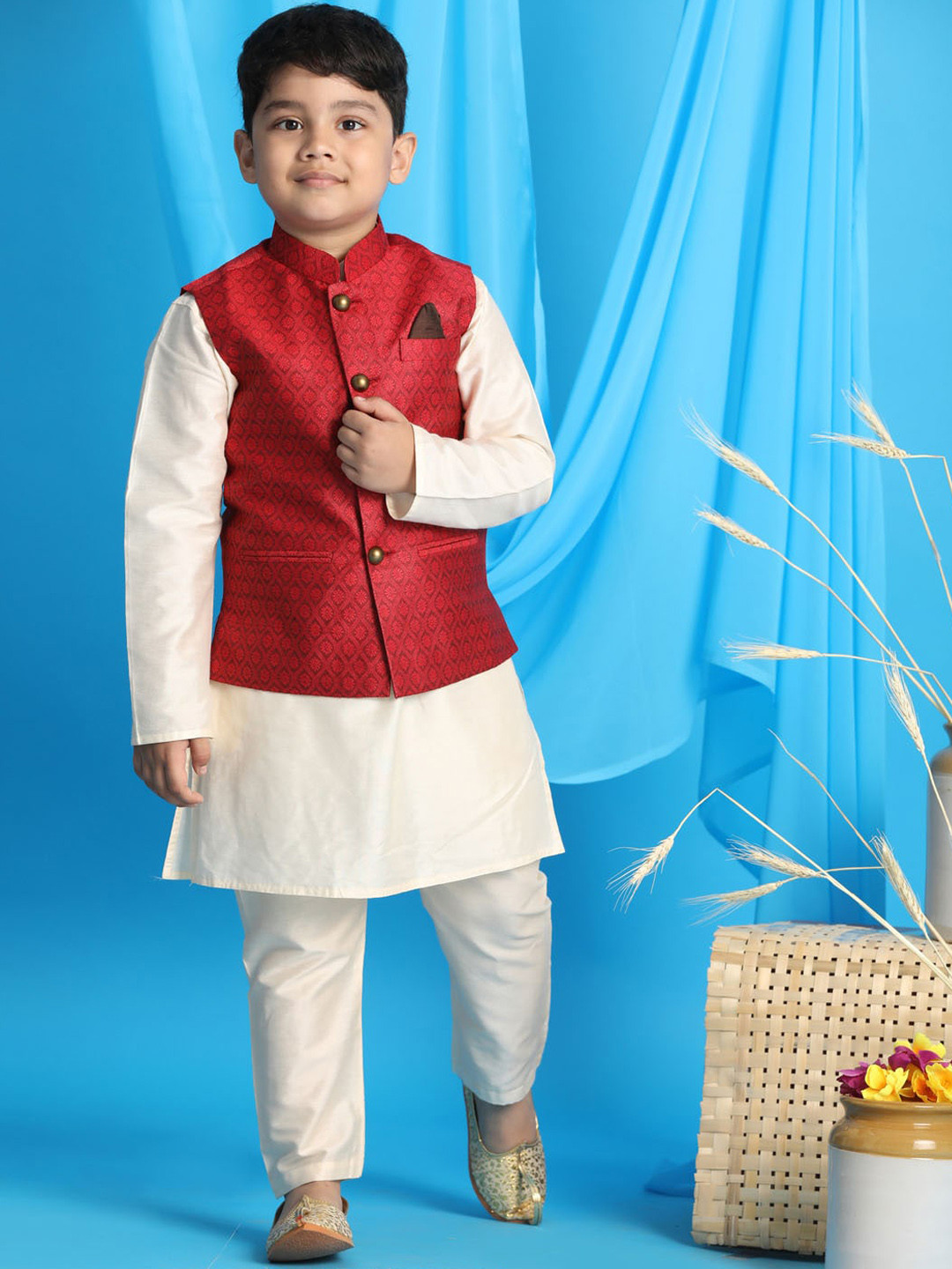 VASTRAMAY Boys Cream-Coloured Kurta with Pyjamas Comes With Woven Design Nehru Jacket
