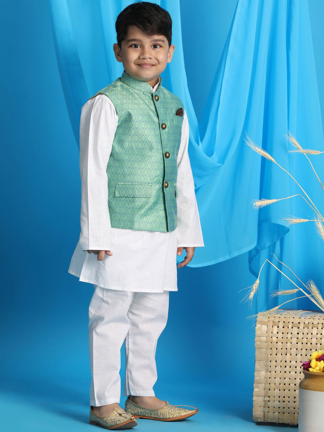 VASTRAMAY Boys White Kurta & Pyjama With Woven Design Nehru Jacket