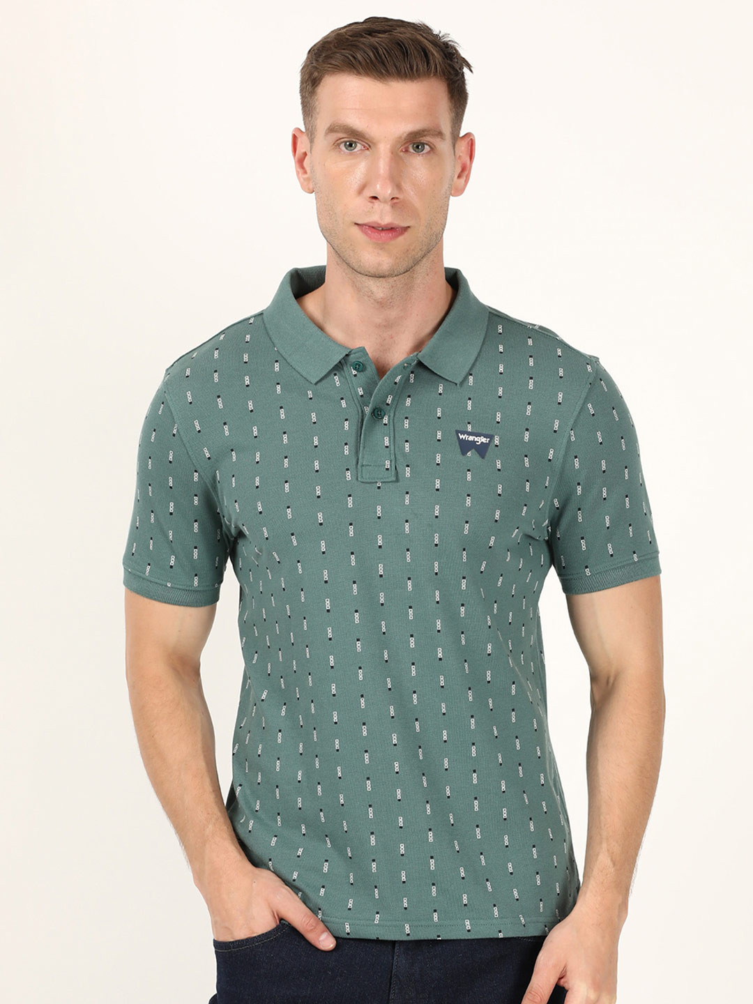 Wrangler Men Teal Printed Polo Collar T-shirt