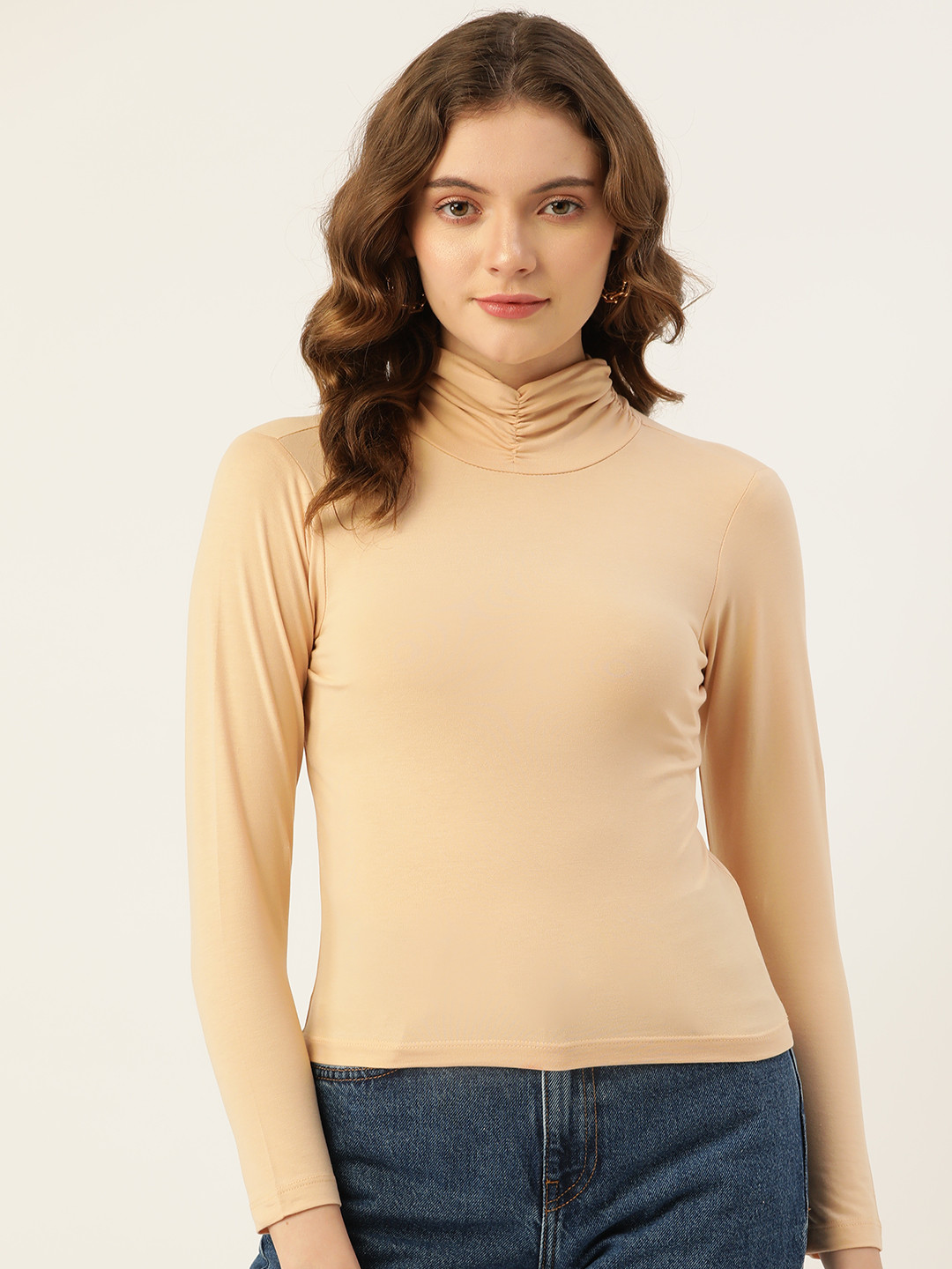 FEMEA Women Beige Solid Ruched Fitted Top