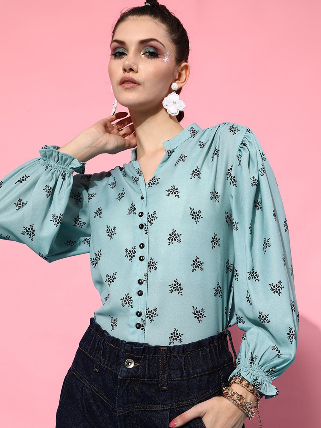STREET 9 Women Blue Floral Printed Casual Shirt