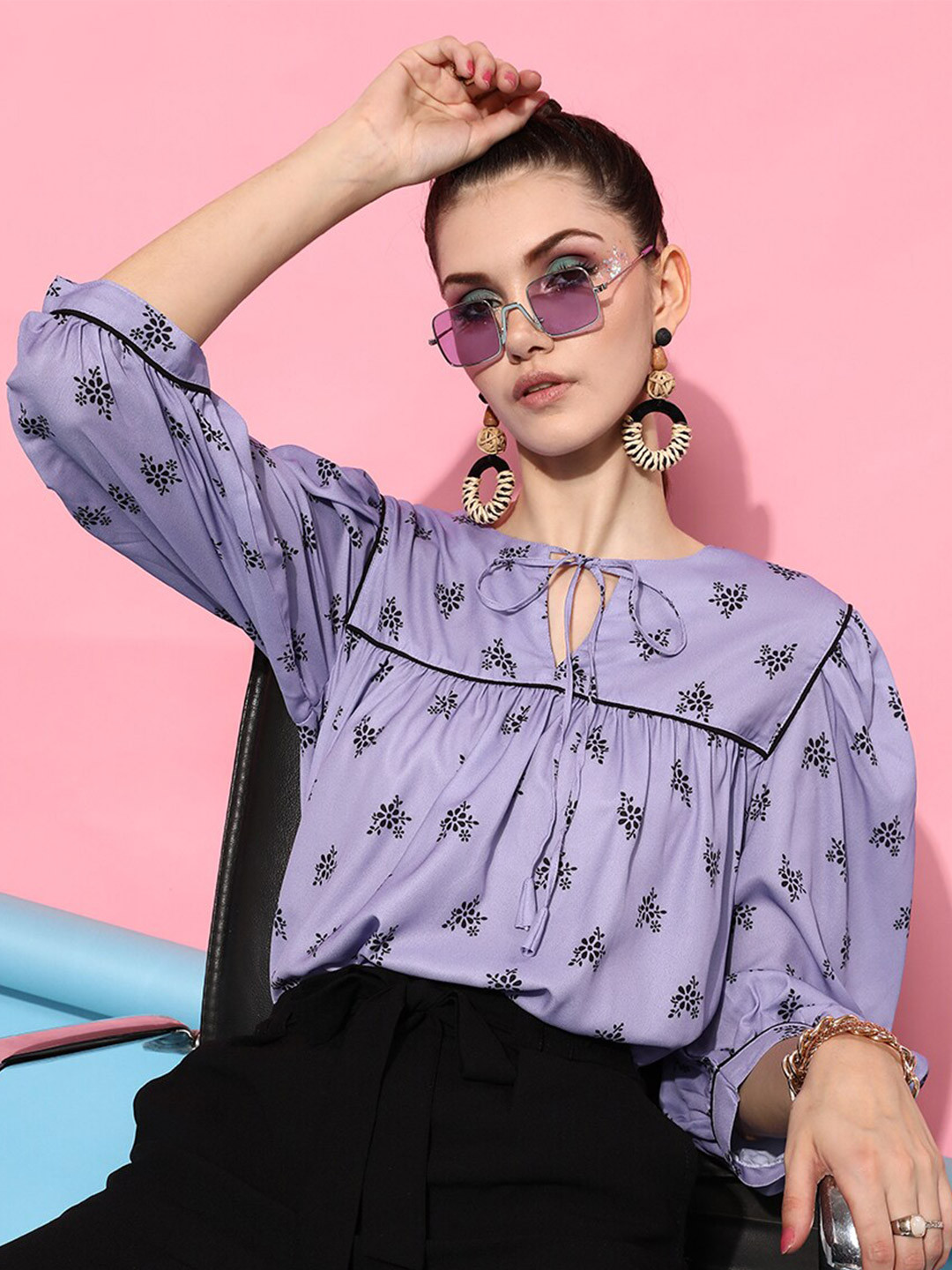 STREET 9 Lavender Women Floral Print Tie-Up Neck Crepe Top