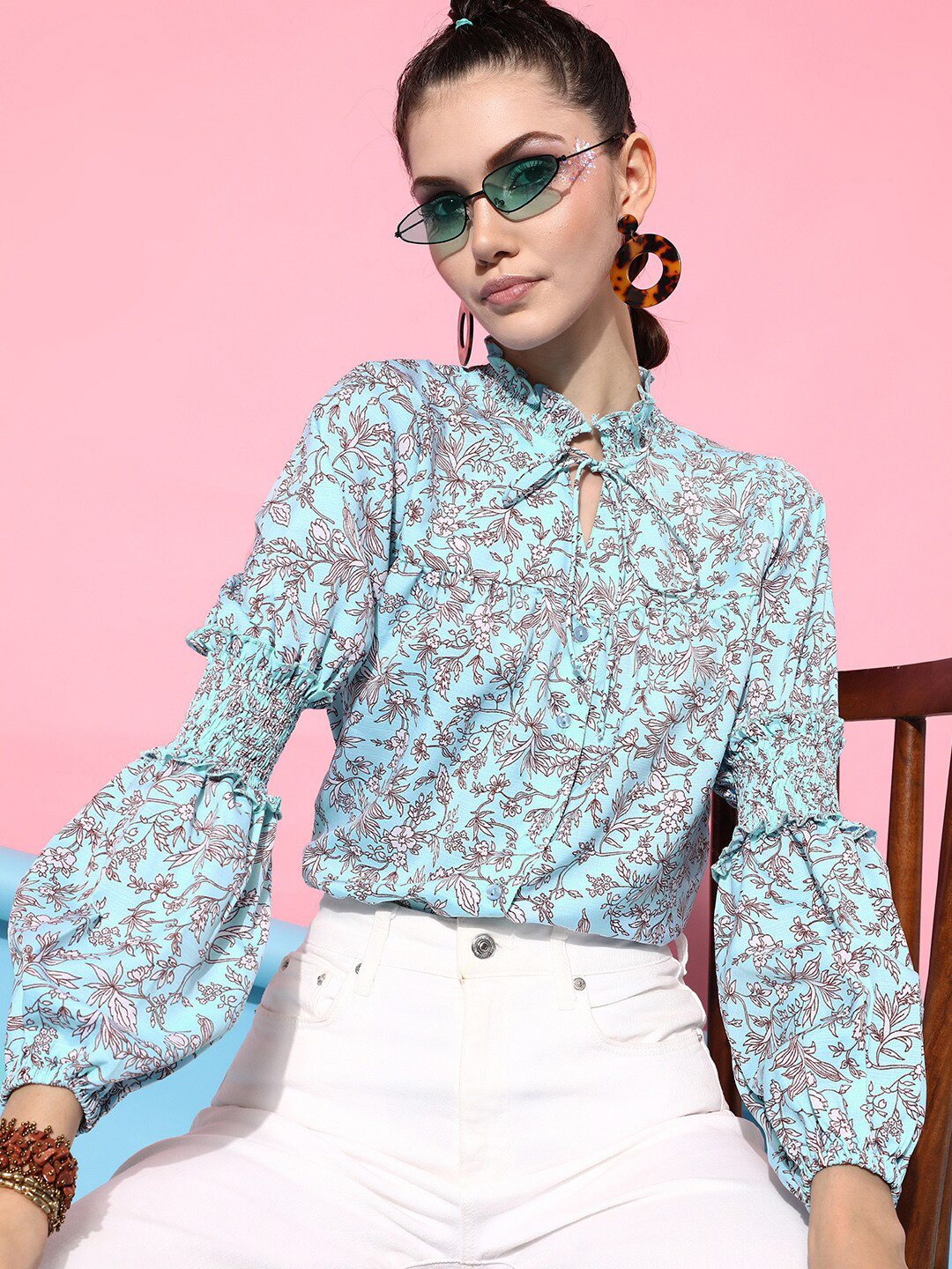 STREET 9 Women Blue Floral Print Tie-Up Neck Shirt Style Top