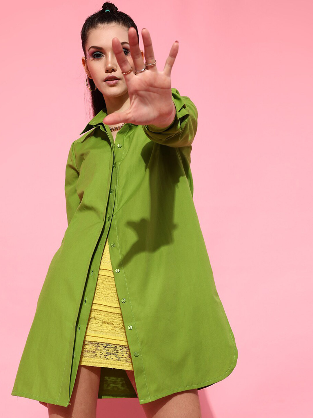 STREET 9 Women Green Solid Pure Cotton Oversize Shirt