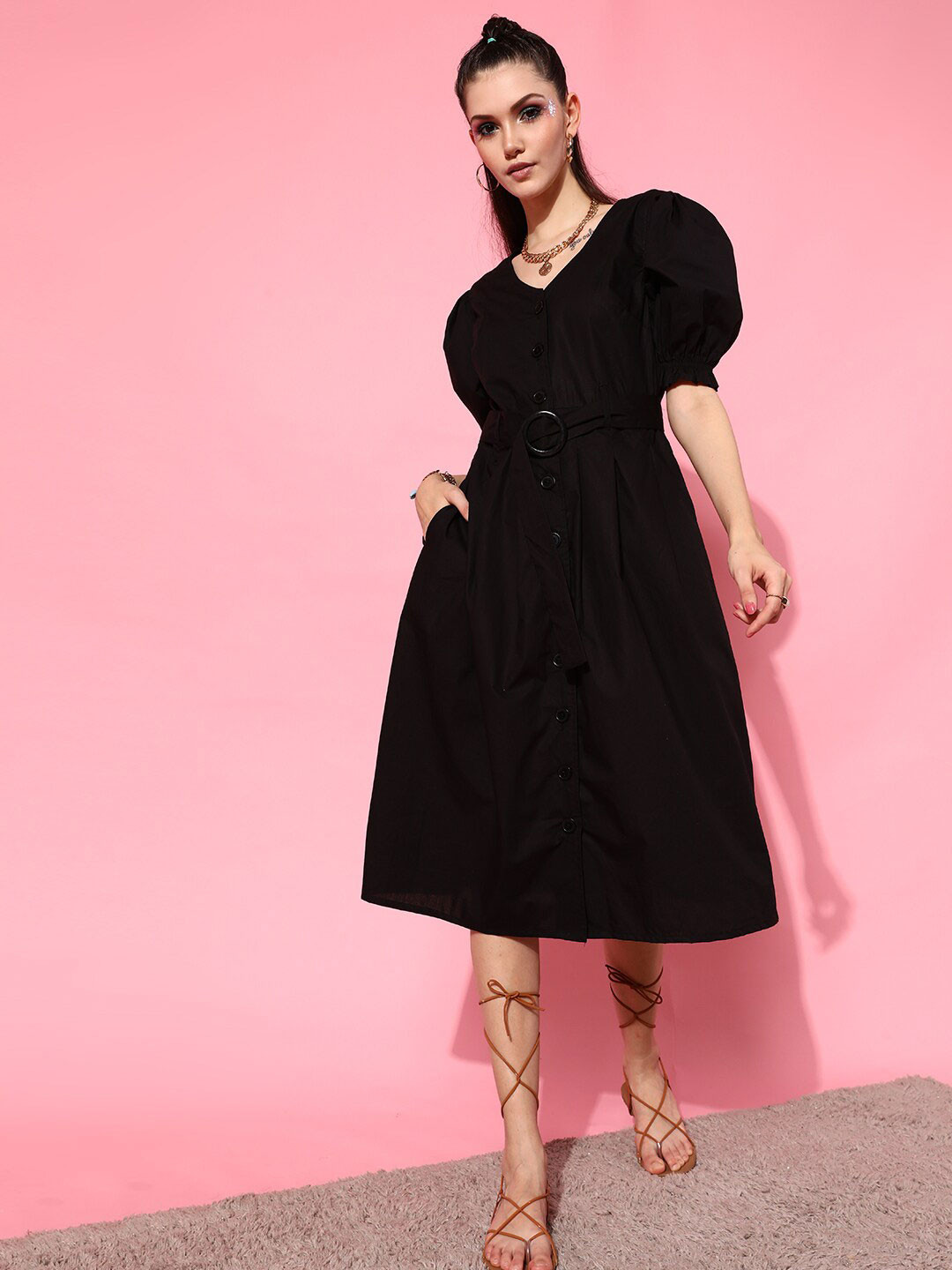 STREET 9 Women Black A-Line Puff Sleeves Dress