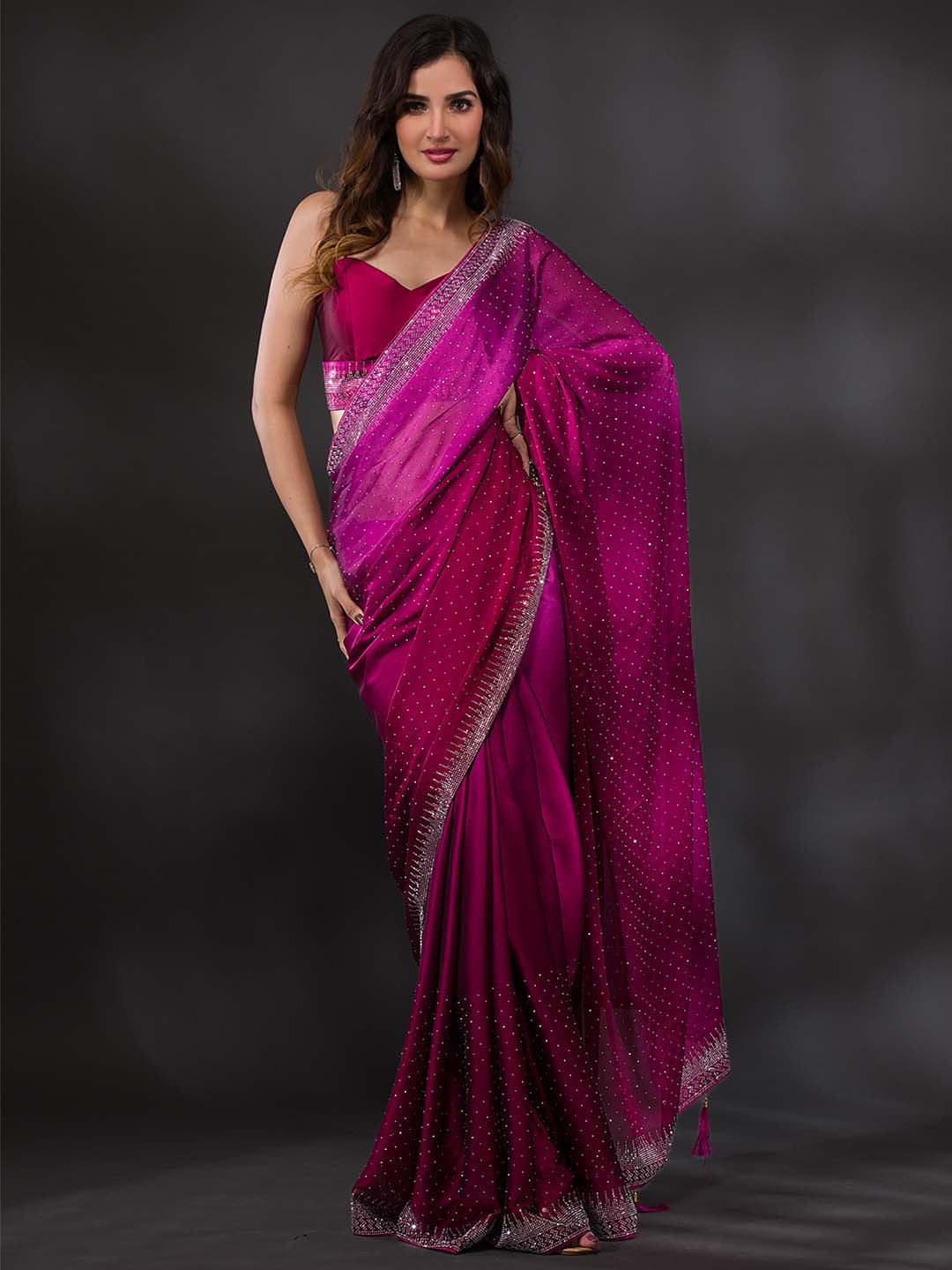 Koskii Women Maroon & Silver-Toned Beads and Stones Embellished Saree