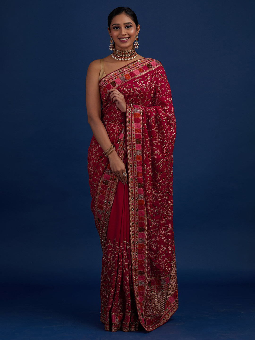 Koskii Pink Floral Embroidered Designer Art Silk Saree