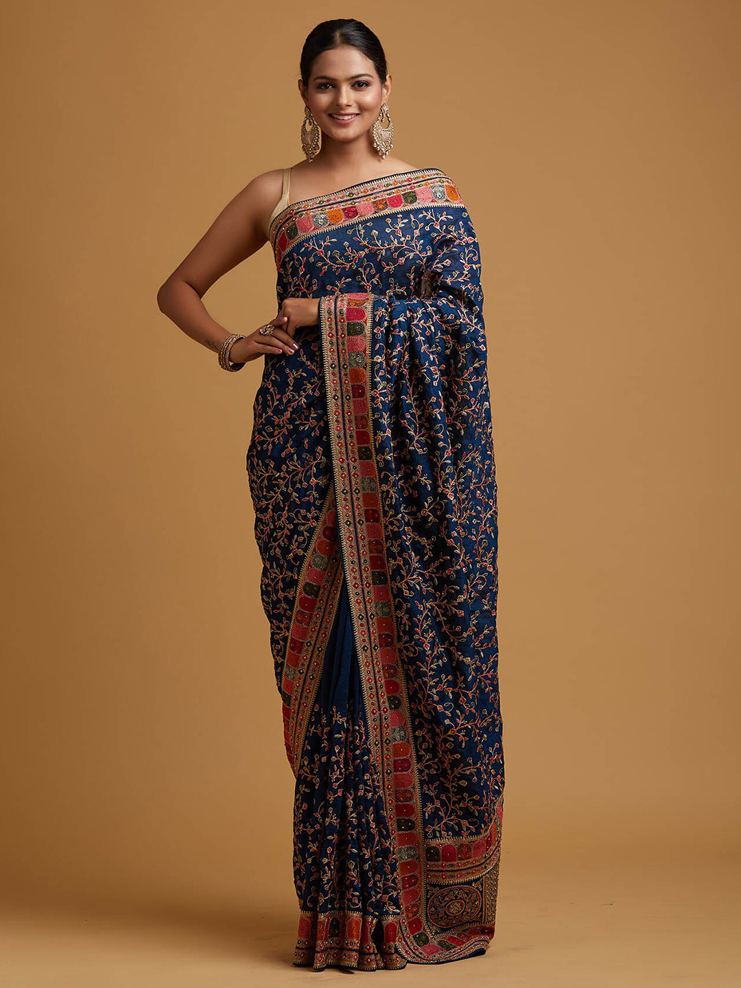 Koskii Blue & Red Floral Zari Art Silk Saree