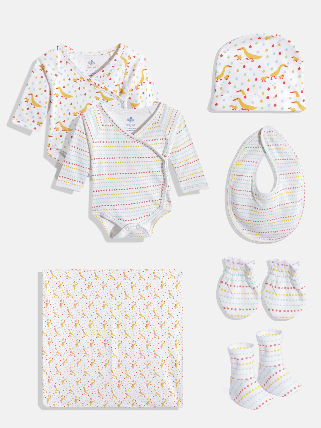 candy cot Girls Off white Pack Of 7 Organic Cotton Baby Apparel Set