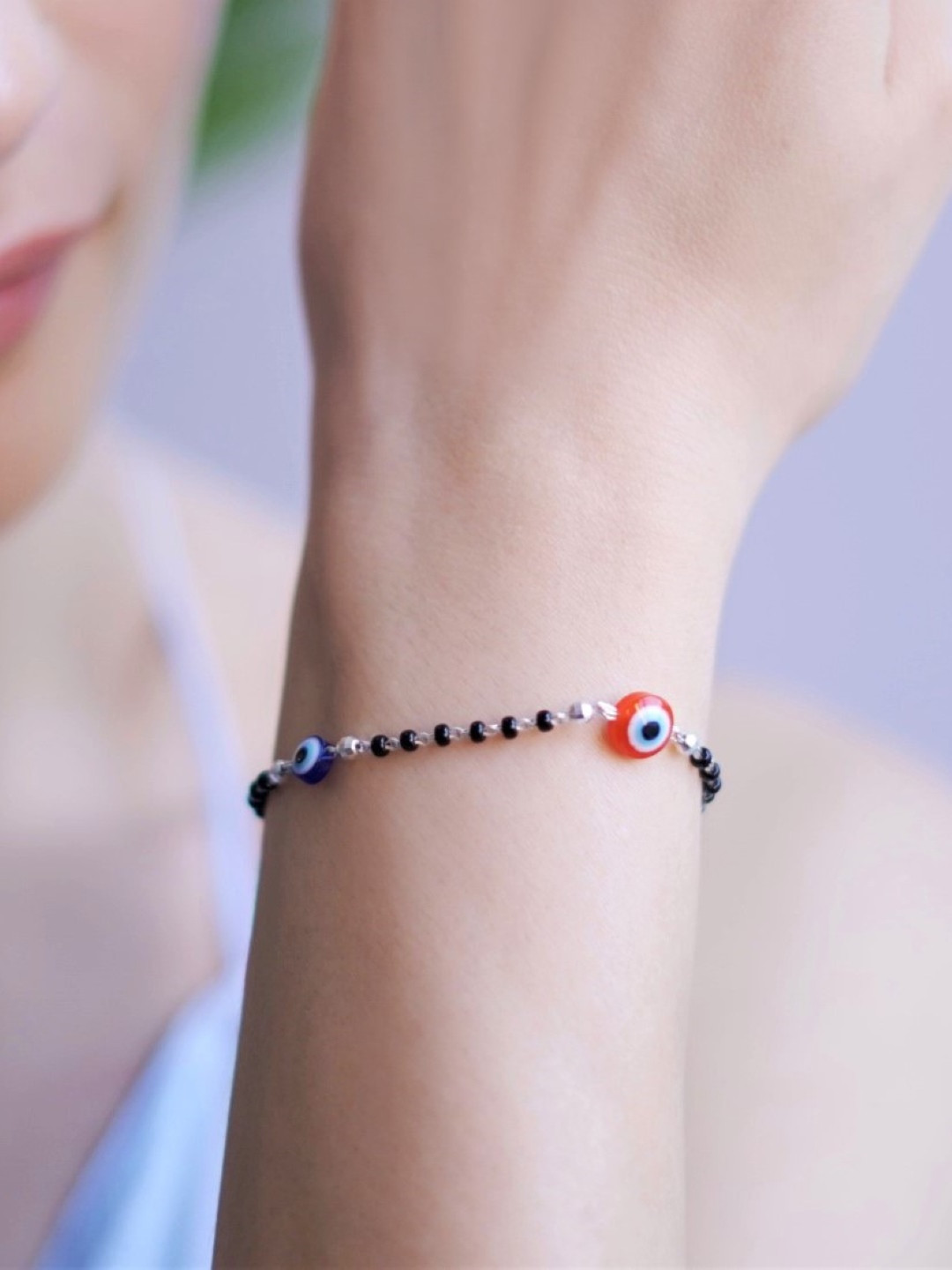 Zavya Women Black Sterling Silver-Plated Artificial Beads & Stones Evil Eye Link Bracelet