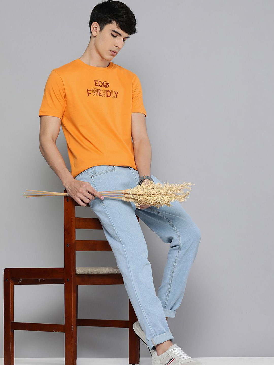 HERE&NOW Men Orange Typography Printed Pure Fairtrade cotton T-shirt