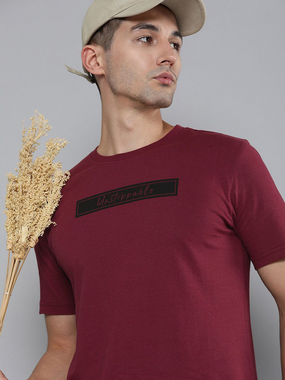 HERE&NOW Men Burgundy Typography Printed Pure Fairtrade cotton T-shirt