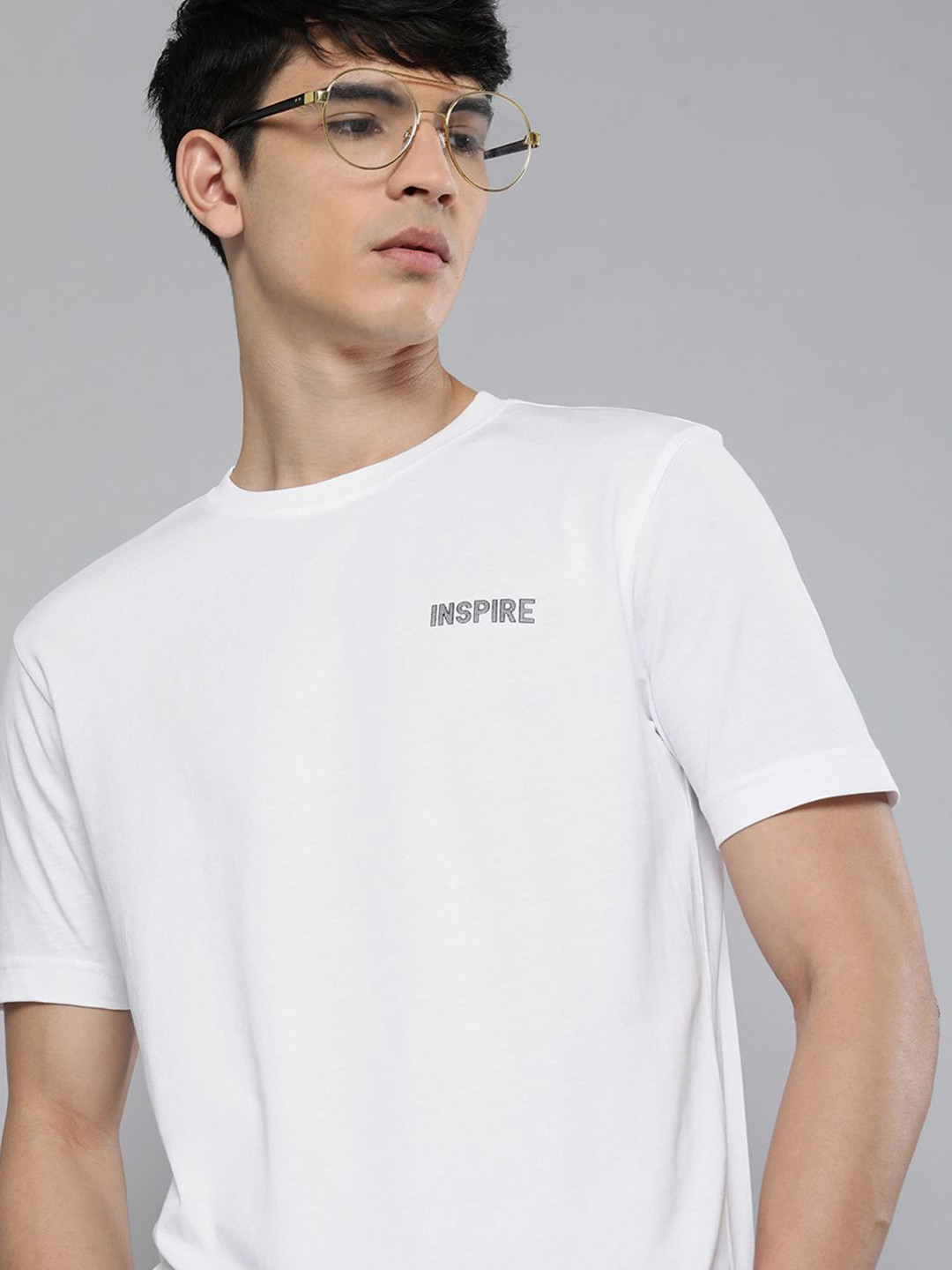HERE&NOW Men White & Grey Solid Cotton Sustainable T-shirt with Placement Print Detail