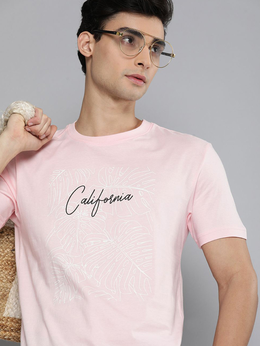 HERE&NOW Men Pink Printed Tropical Pure Cotton T-shirt