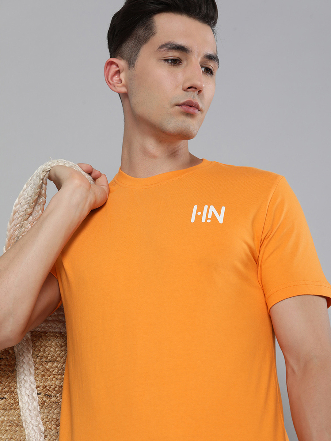 HERE&NOW Men Orange Brand Logo Printed Pure Cotton T-shirt