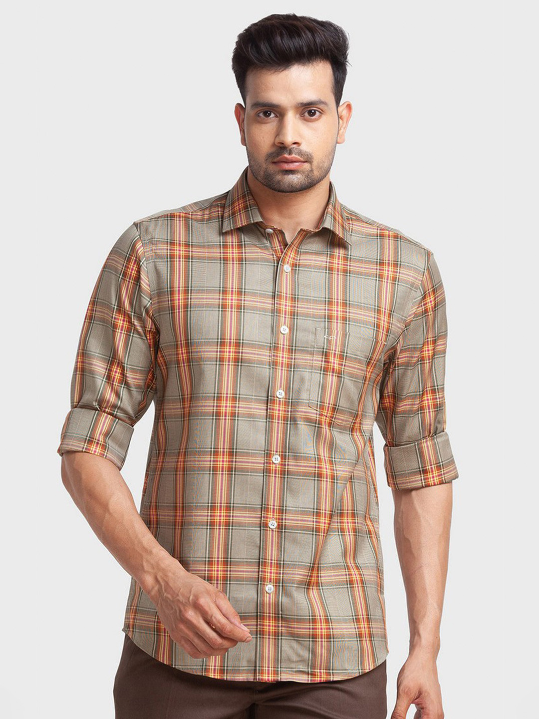 ColorPlus Men Green Checked Organic Cotton Tailored Fit Casual Shirt