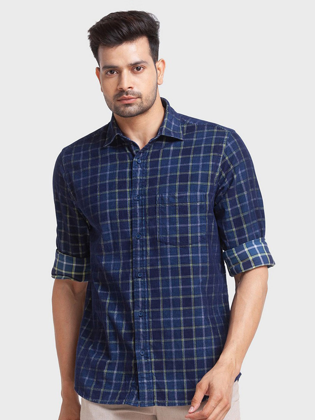 ColorPlus Men Blue Tailored Fit Grid Tattersall Checked Organic Cotton Casual Shirt