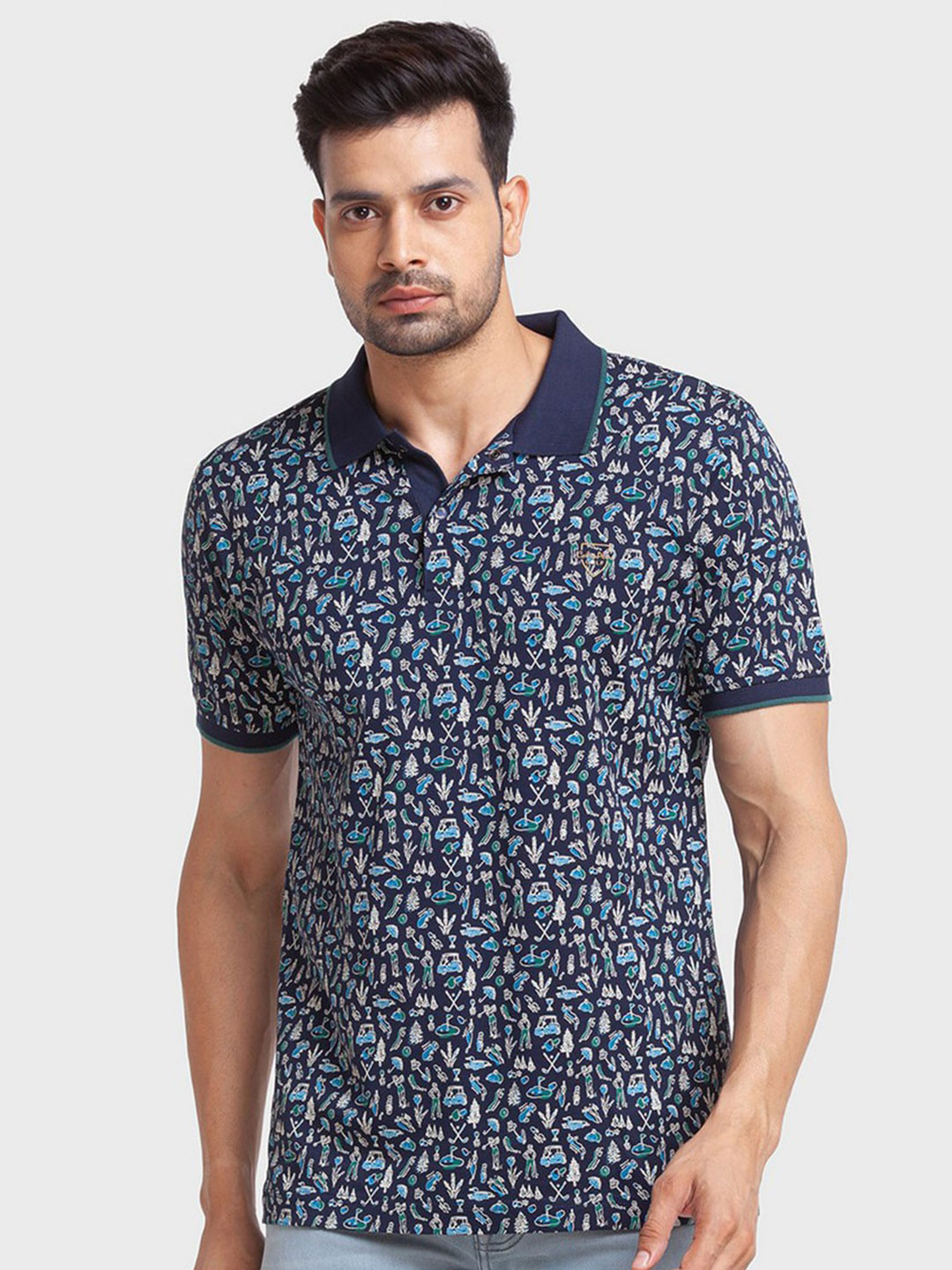 ColorPlus Men Blue Floral Printed Polo Collar Tropical Organic Cotton Slim Fit T-shirt