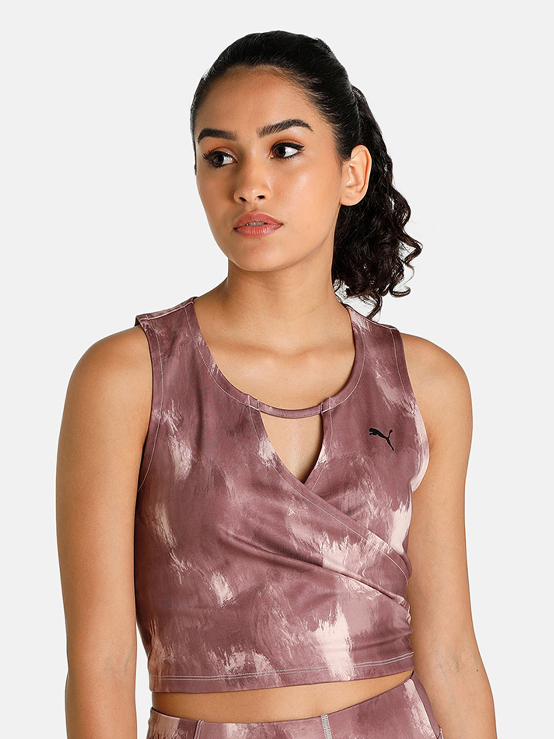 Puma Women Pink Print Keyhole Neck Studio AOP Crop Top
