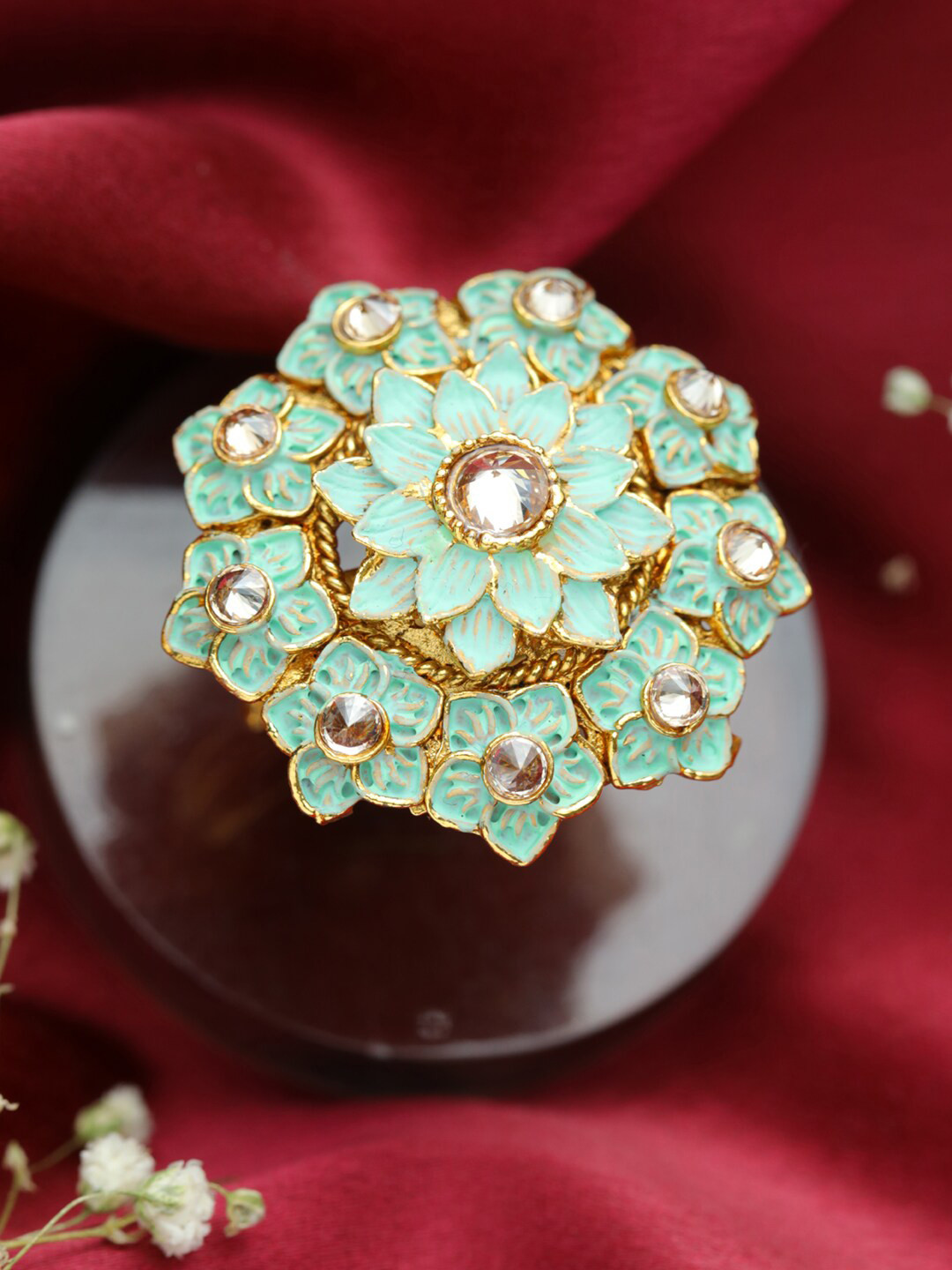 Jazz and Sizzle Gold-Plated Turquoise Blue & White AD Studded Adjustable Finger Ring