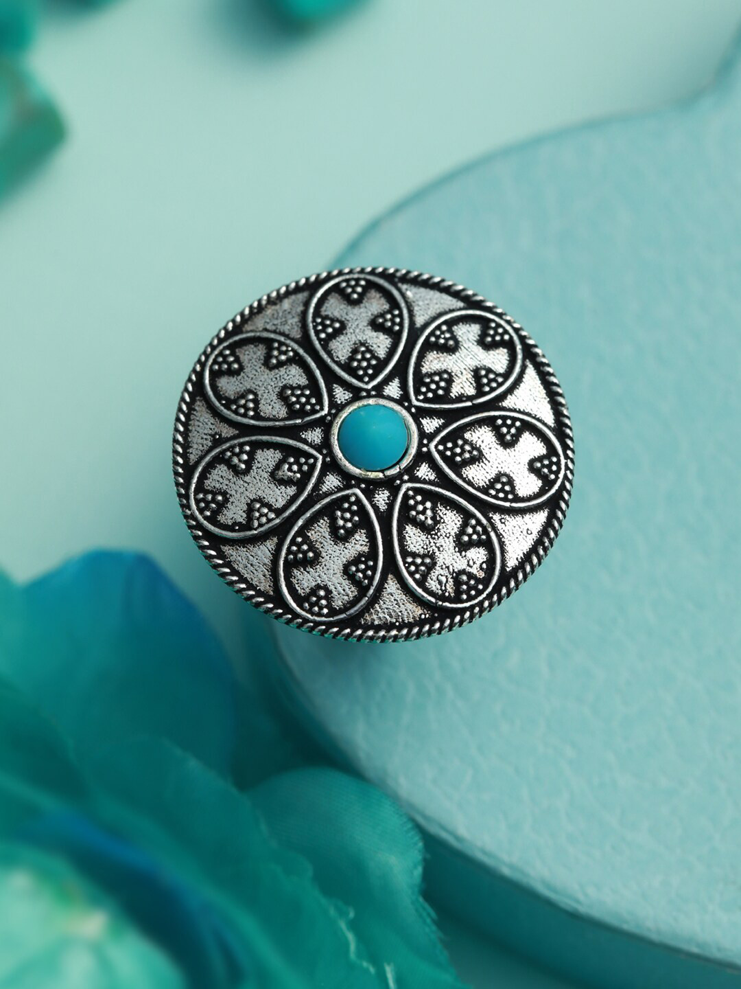 Jazz and Sizzle Silver-Plated Blue Stone Studded Adjustable Finger Ring