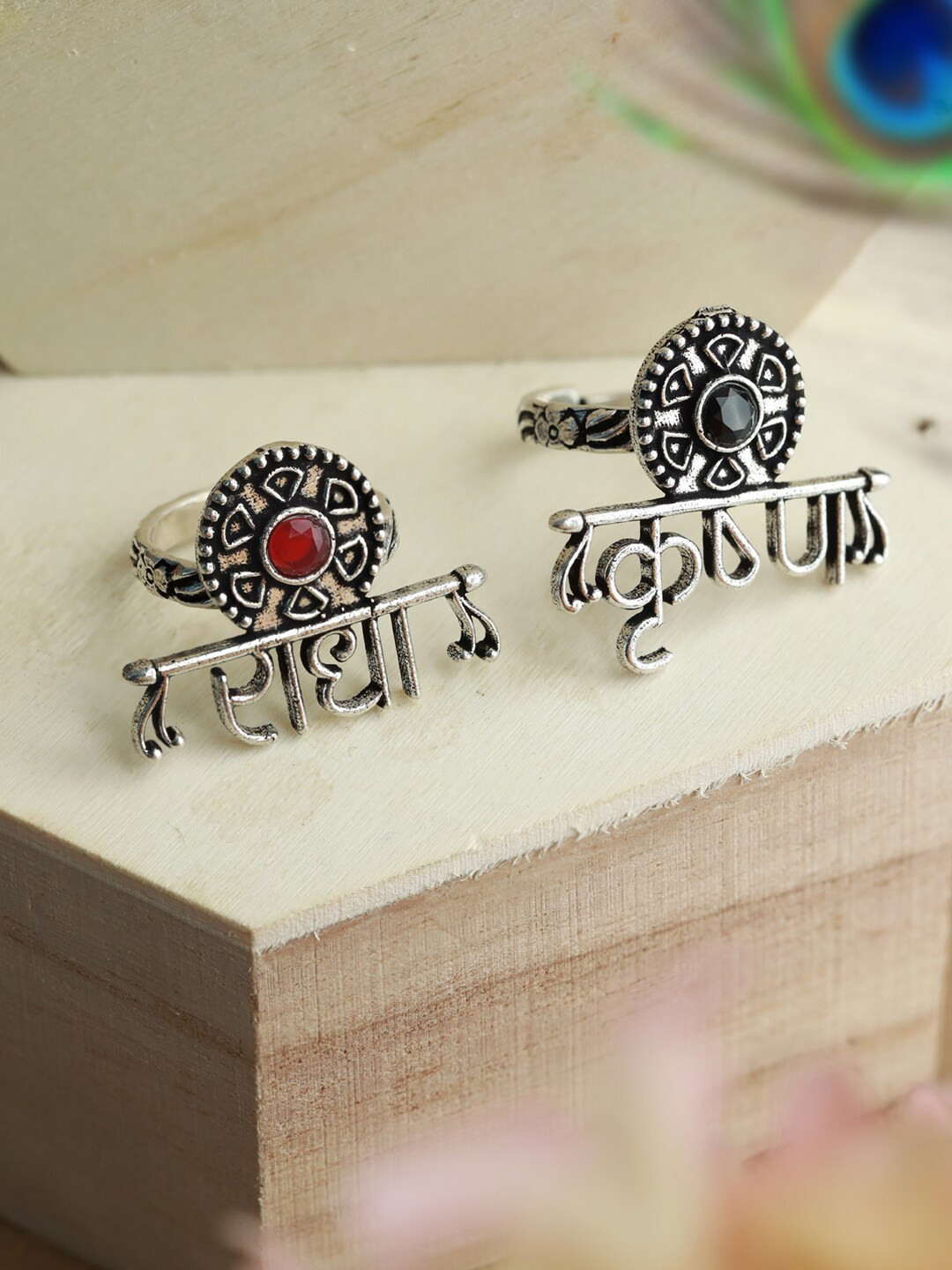 Jazz and Sizzle Pack of 2 Oxidised Silver-Plated Red & Green Stone Studded Finger Ring