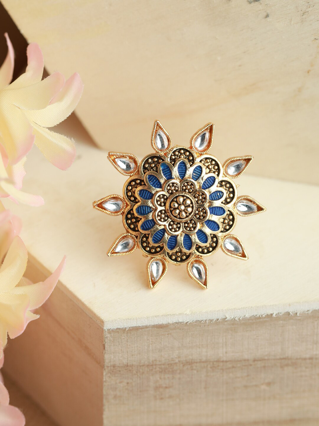 Jazz and Sizzle Gold-Plated Blue Enamelled Kundan Stone-Studded Adjustable Finger Ring