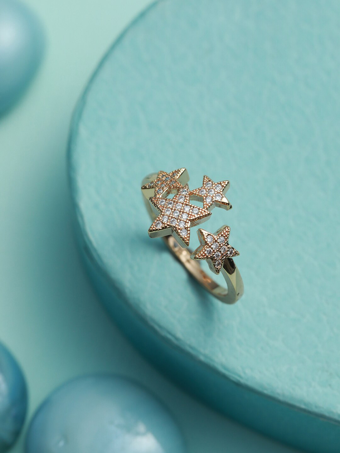 Jazz and Sizzle Rose Gold-Plated CZ-Studded Star Shaped Adjustable Finger Ring