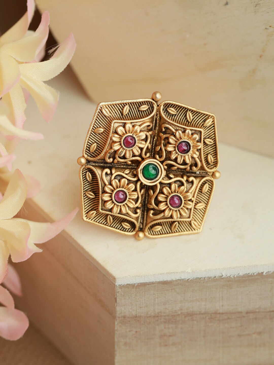 Jazz and Sizzle Gold-Plated & Maroon Stone-Studded Adjustable Finger Ring