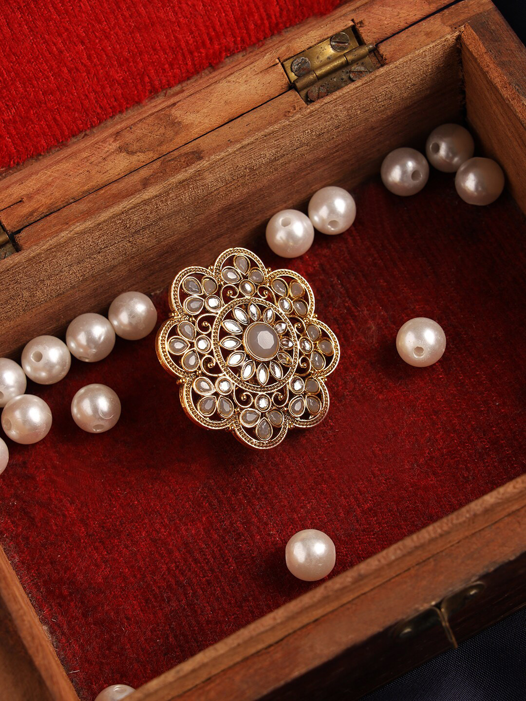 Jazz and Sizzle Gold-Plated Grey & White Kundan-Studded Handcrafted Finger Ring
