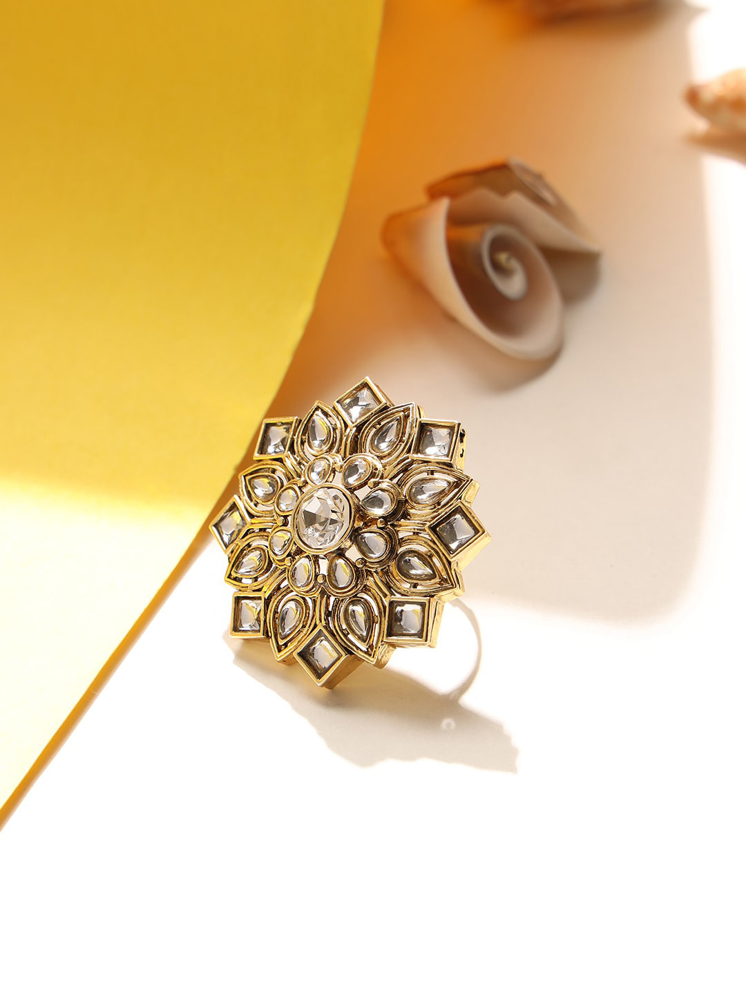 Jazz and Sizzle Gold-Plated White Kundan-Studded Adjustable Finger Ring