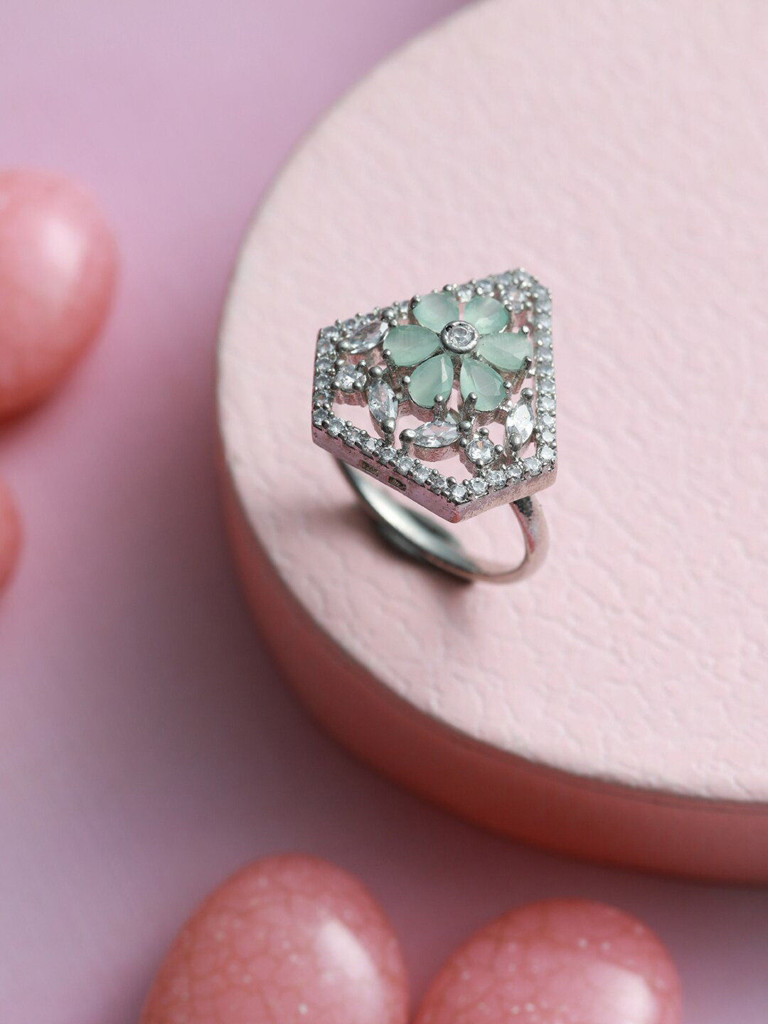 Jazz and Sizzle Silver-Plated Lime Green Coloured & White AD Studded Ring