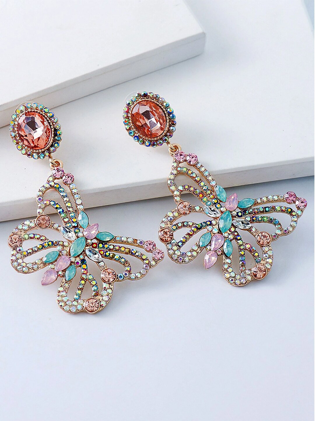 Yellow Chimes Multicolor Butterfly Designed Glittering Drop Earrings