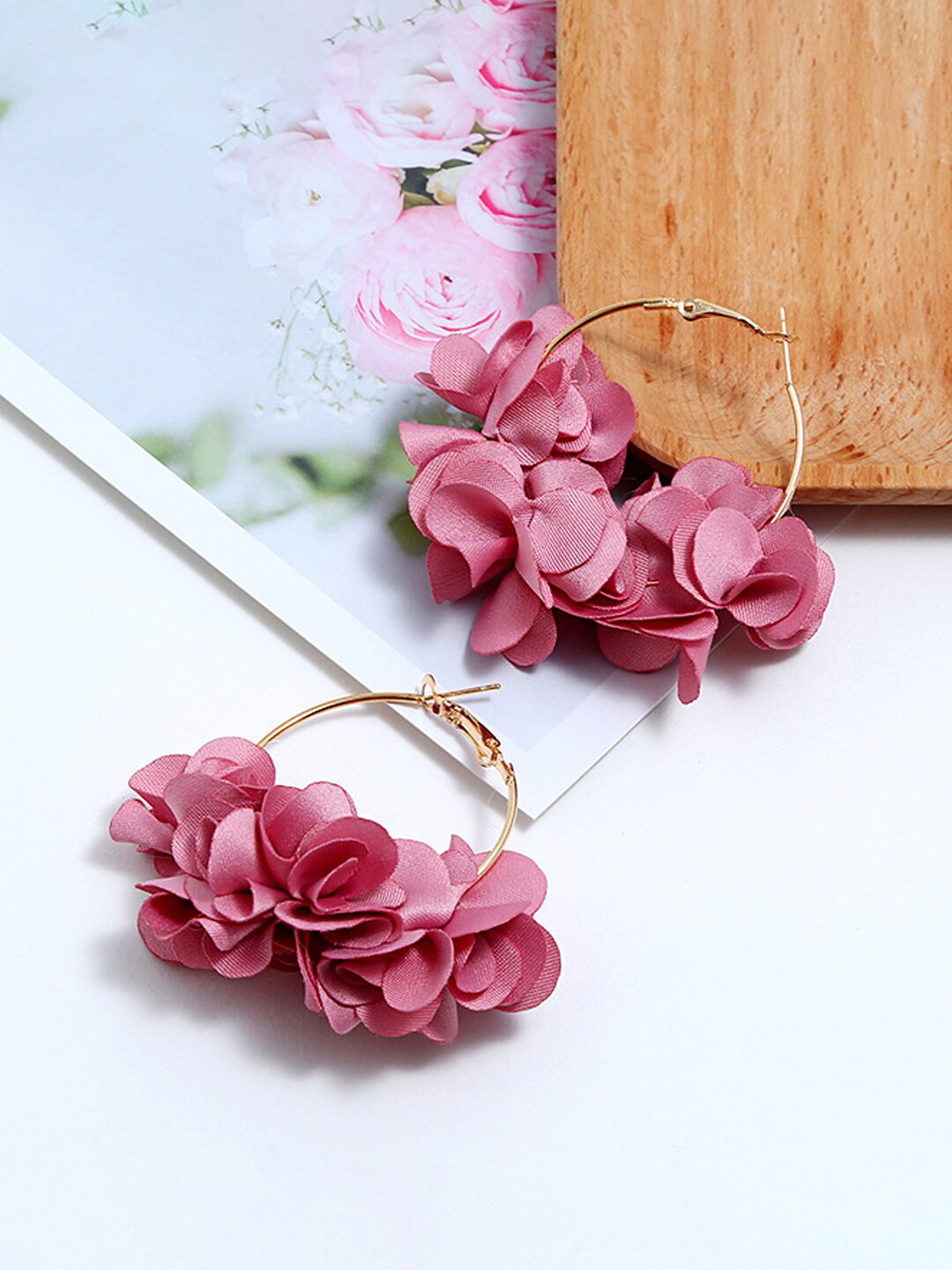 Yellow Chimes Women Pink Boho Handmade Flower Layered Petal Circel Hoop Earrings