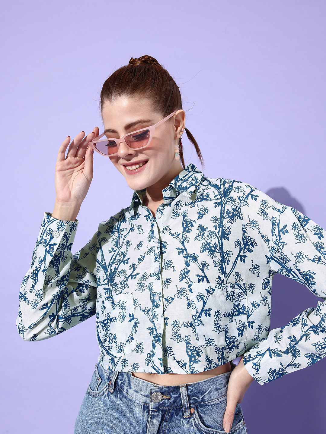 Stylecast X Hersheinbox Women Blue & White Floral Print Shirt Style Crop Top