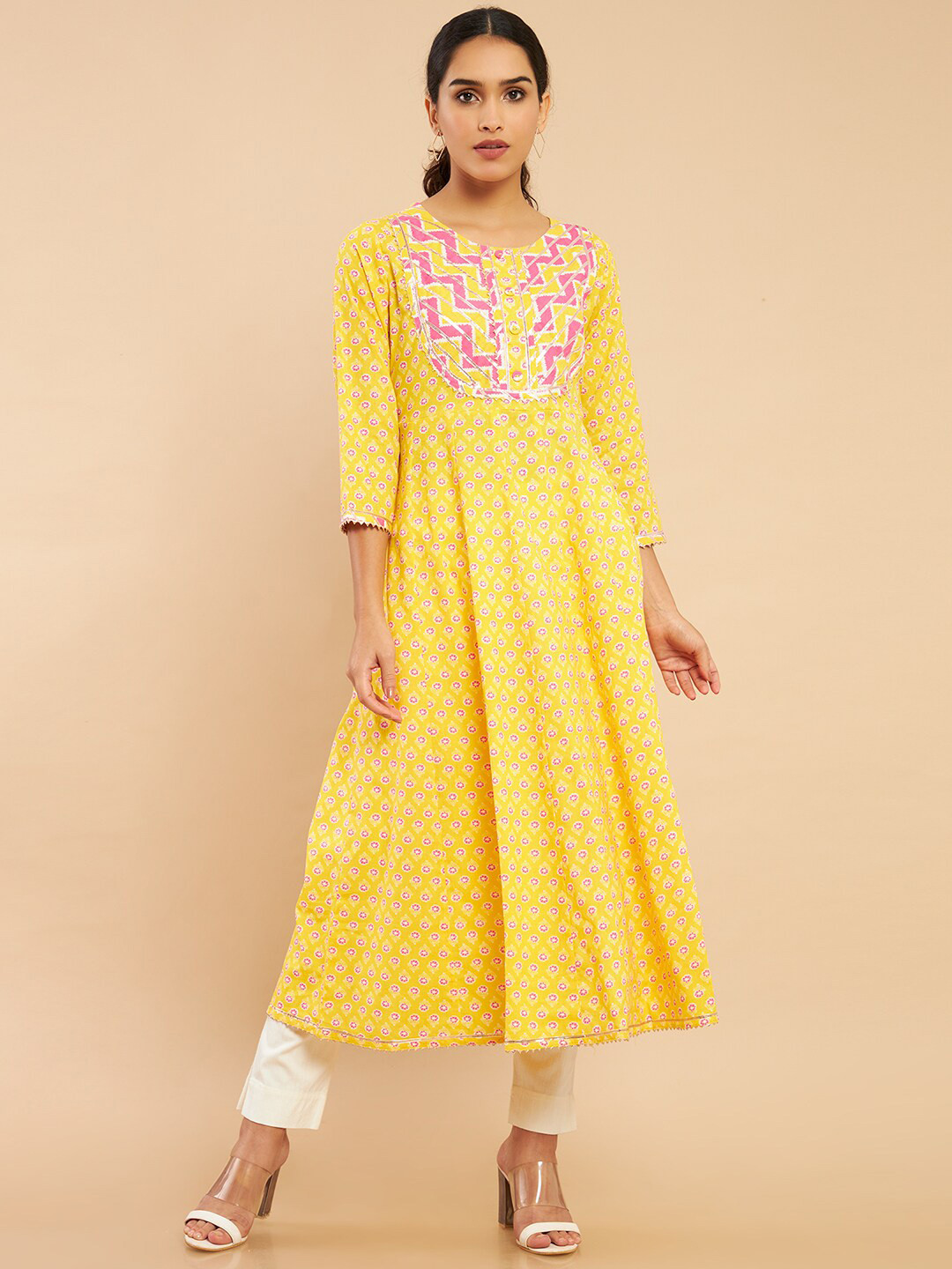 Soch Women Yellow & Pink Ethnic Motifs Printed Kurta