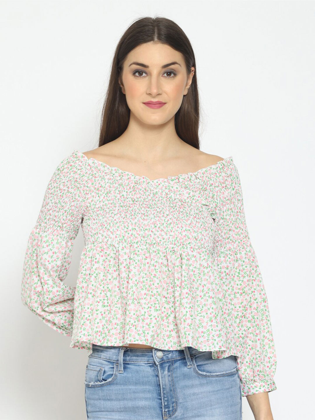 Fuchsia  Women White & Pink Floral Print Off-Shoulder Bardot Top