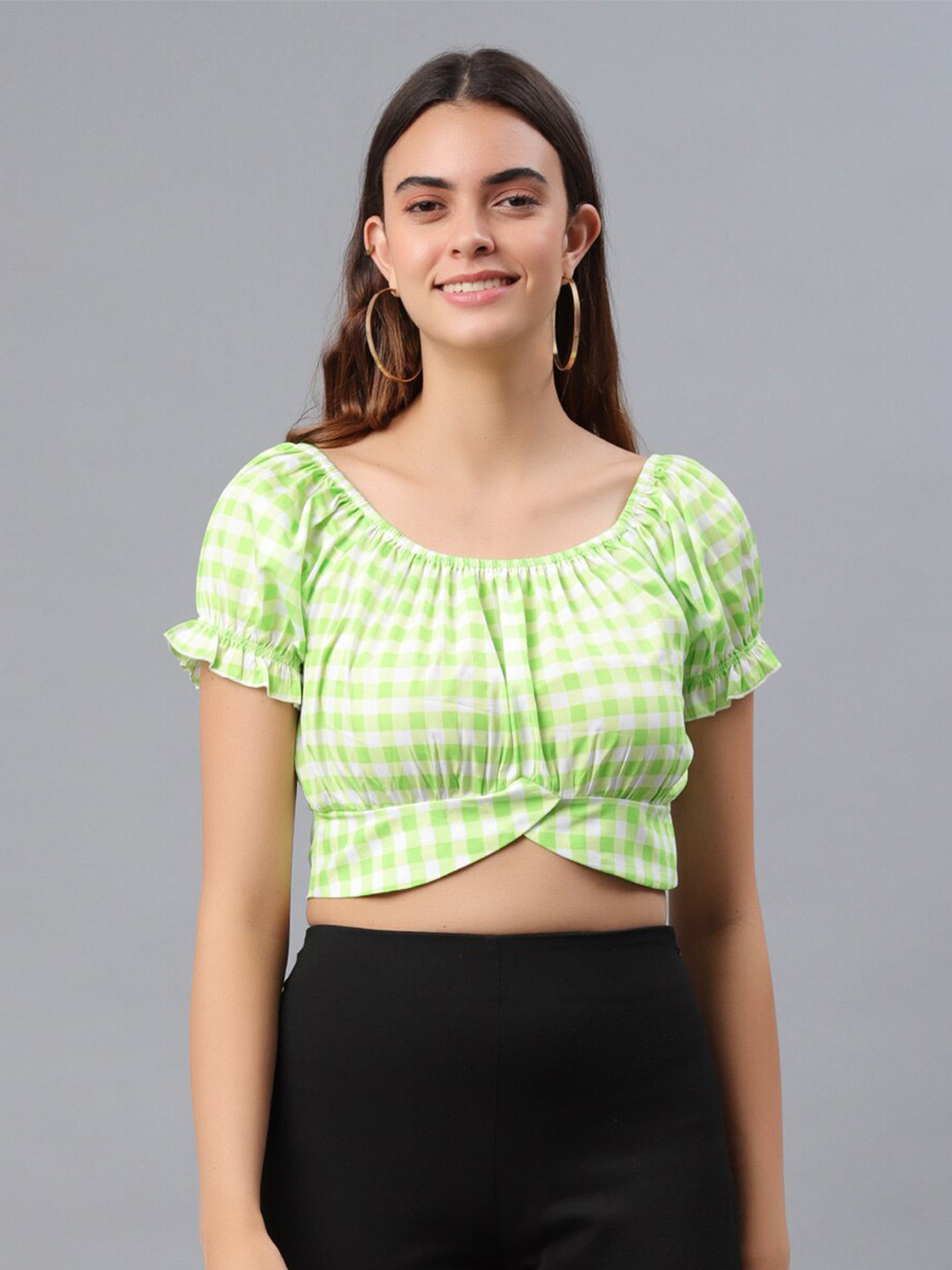 Fuchsia  Women Green Checked Blouson Crop Top