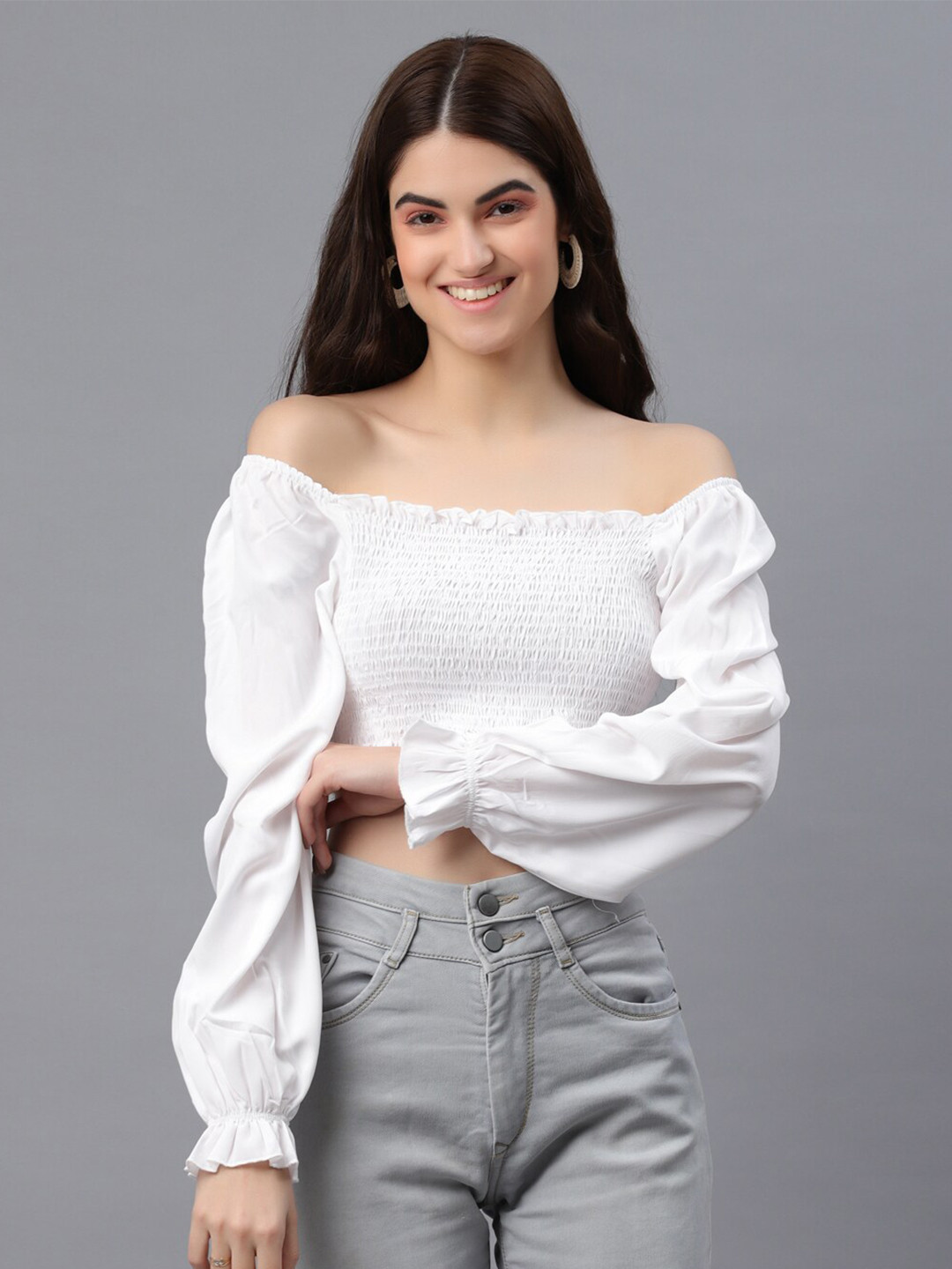 Fuchsia  White Off-Shoulder Bardot Crop Top