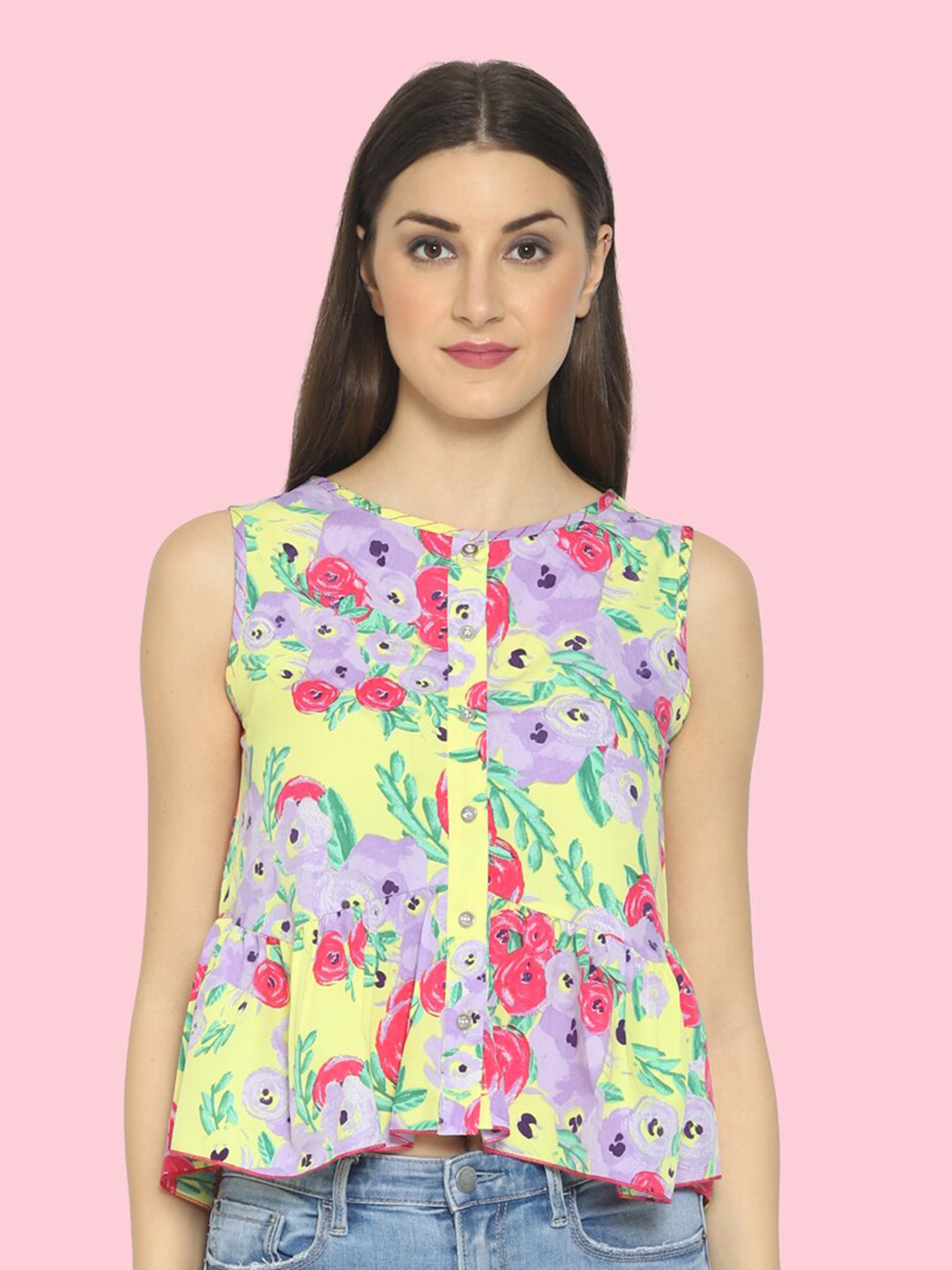 Fuchsia Women Yellow & Purple Sleeveless Floral Print Empire Top