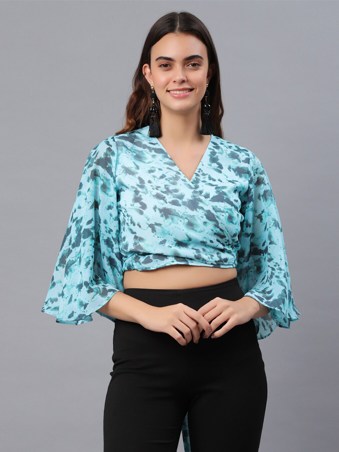 Fuchsia  Blue Print Chiffon Wrap Crop Top