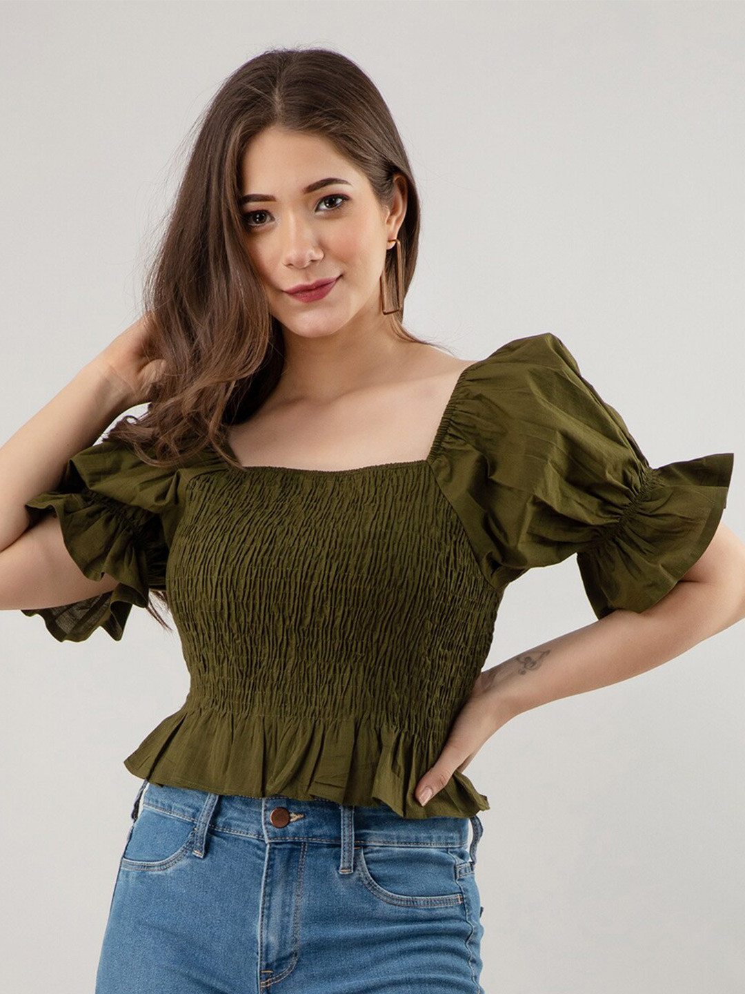 Fuchsia  Women Olive Green Smocked Cotton Crop Top
