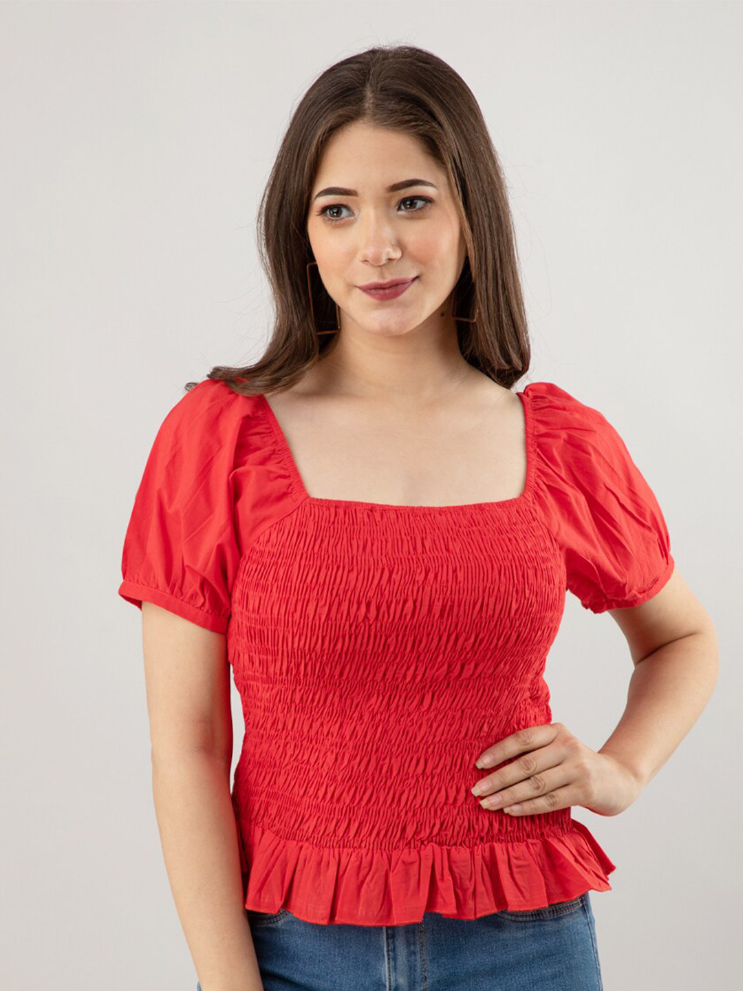Fuchsia  Red Cotton Puff Sleeves Peplum Top